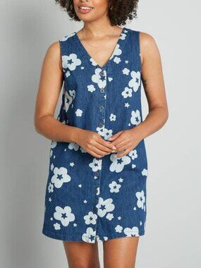 Retro Indigo denim Starry Flower Pinafore Mini Dress - NWOT / AU 18 = US 14
